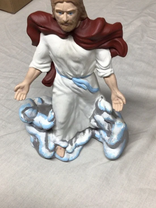 White and Maroon Ceramic Religious Figurine with Blue Accents - Picture 2 of 6